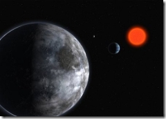 This artists rendering released by European Southern Observatory, shows the planetary system around the red dwarf Gliese 581 For the first time astronomers have discovered a planet outside our solar system that is potentially as habitable as Earth, at left, with similar temperatures, researchers announced Tuesday, April 24, 2007. (AP Photo/ESO)
